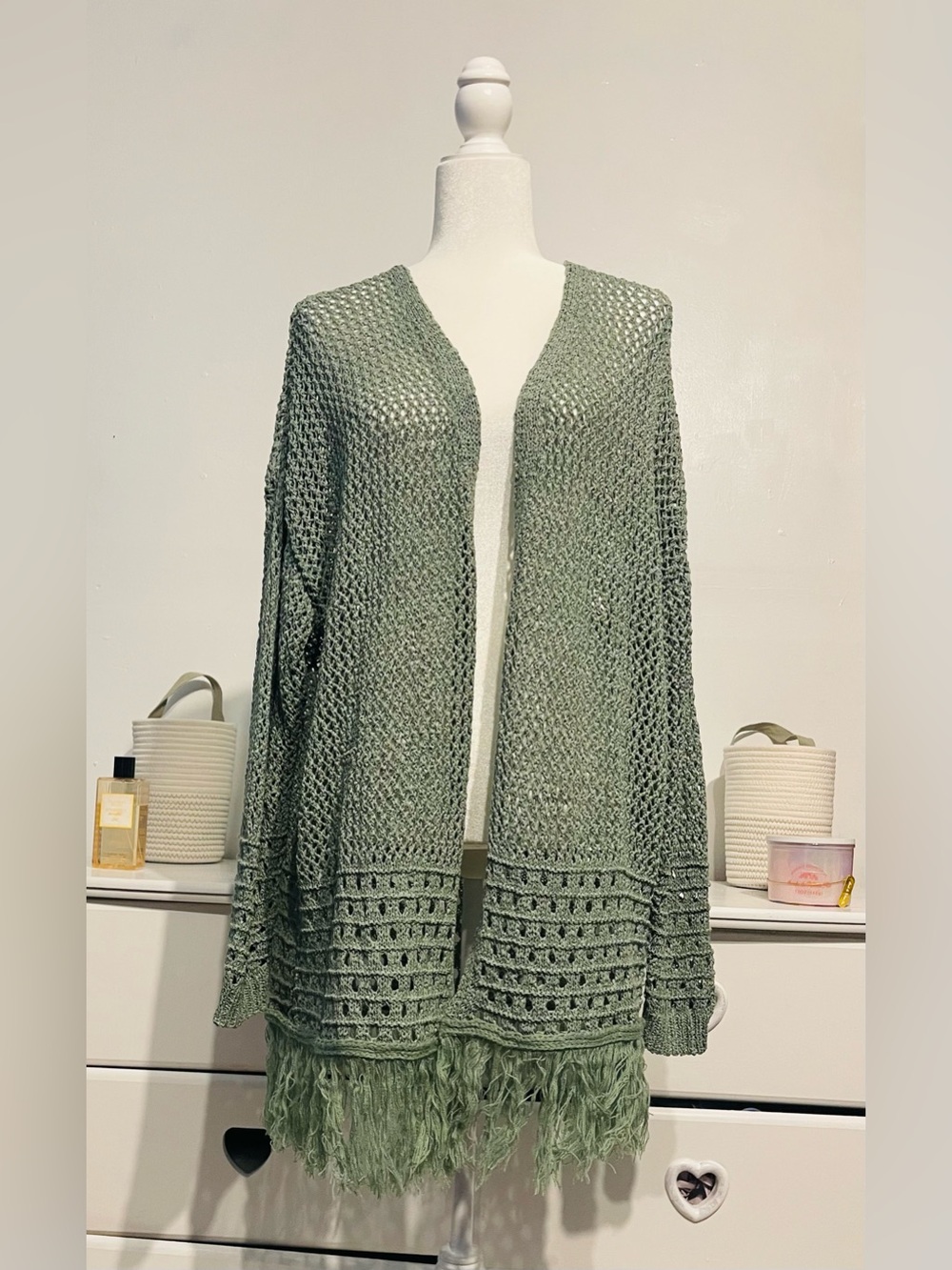 Audrey parks boho Lightweight Olive Green Crochet Fringe Cardigan Sweater L - Picture 6 of 14